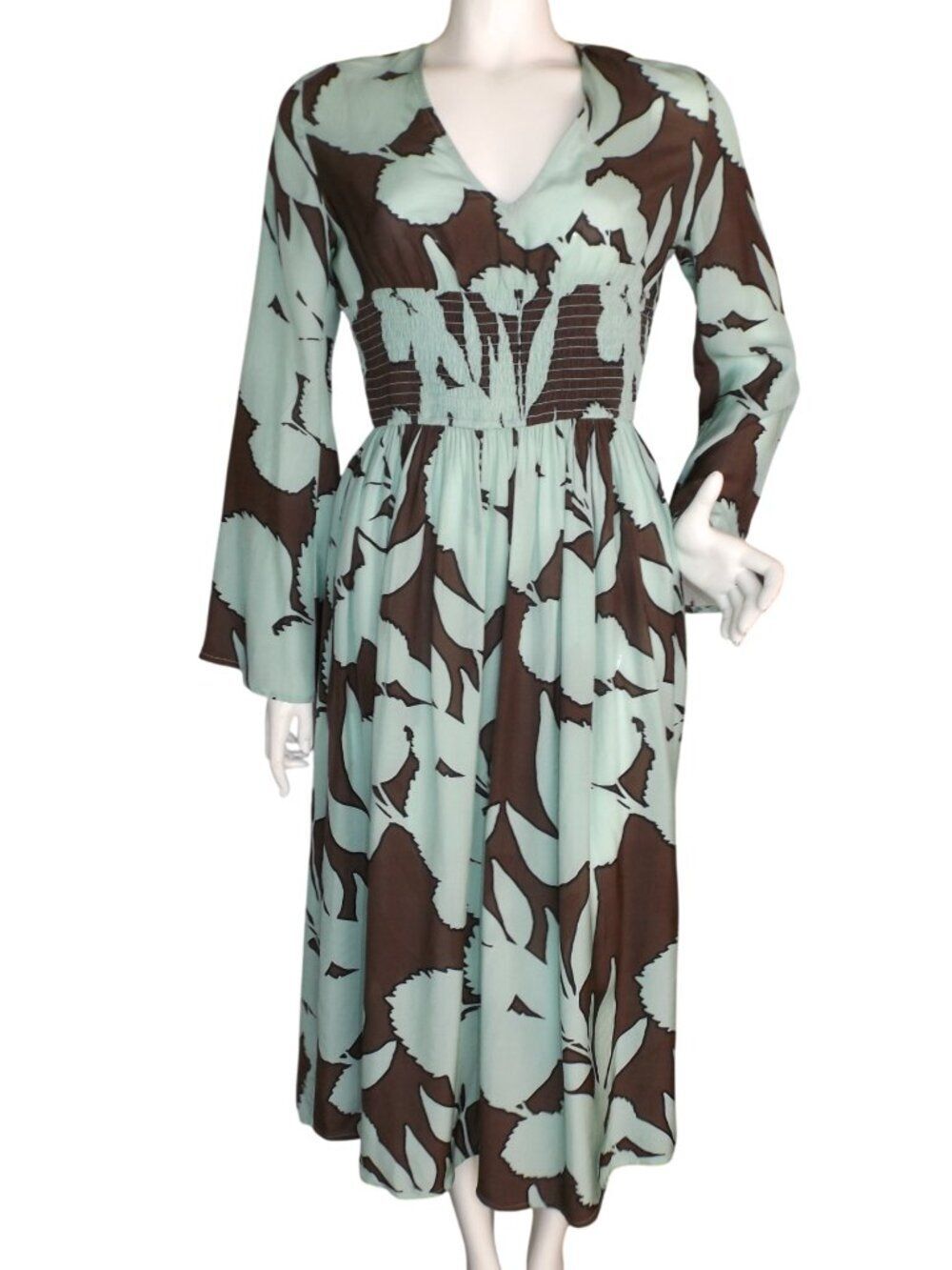 DHRUV KAPOOR Dress, S, Mint/brown, Long Bell sleeve, Midi/Maxi, Viscose, Smocked